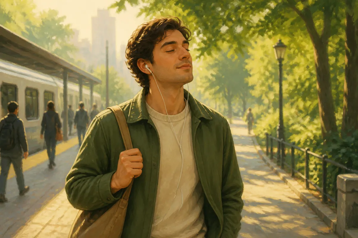 A person listening to saved audio with earbuds while commuting