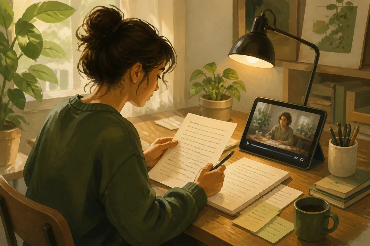 Someone reading a generated script beside the original video