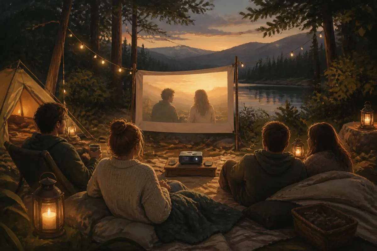 People watching a saved video later while camping