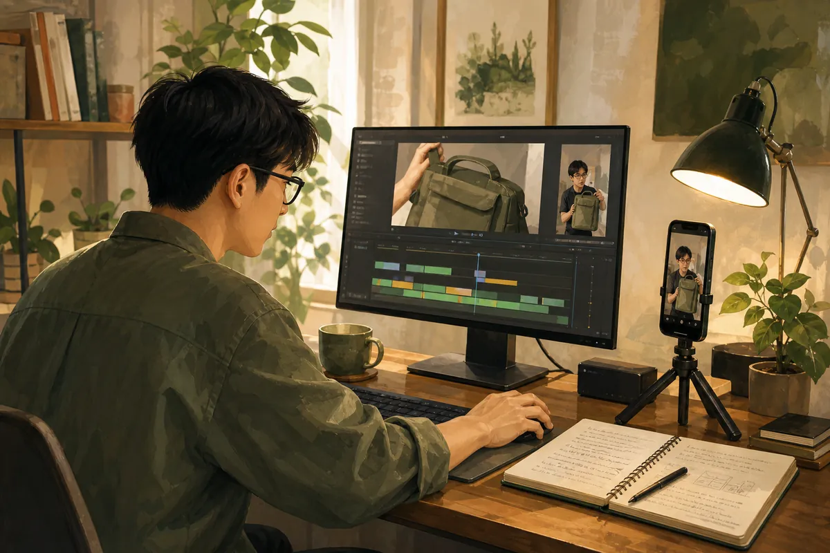 A creator preparing shorts from saved reference video and a script